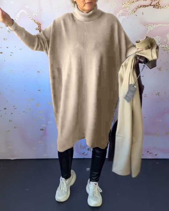 Afslappet ensfarvet langærmet pullover med høj krave