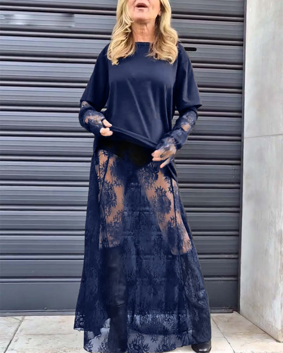 Todelt sæt - Sort top med blondeærmer og blondenederdel