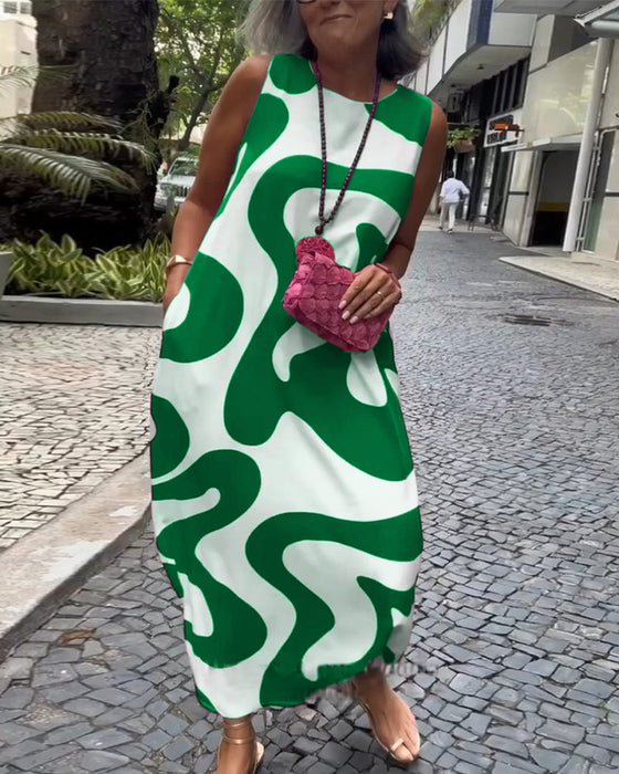 Rund Hals Ærmløs Kjole Med Geometrisk Tryk