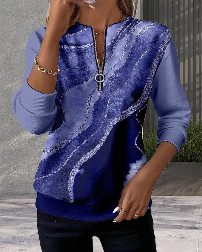 Sweatshirt Med Halv Lynlås Og Vintageprint