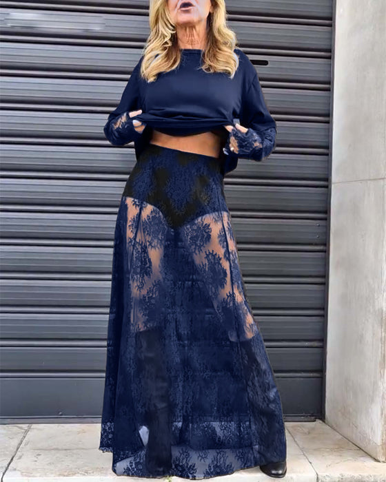 Todelt sæt - Sort top med blondeærmer og blondenederdel