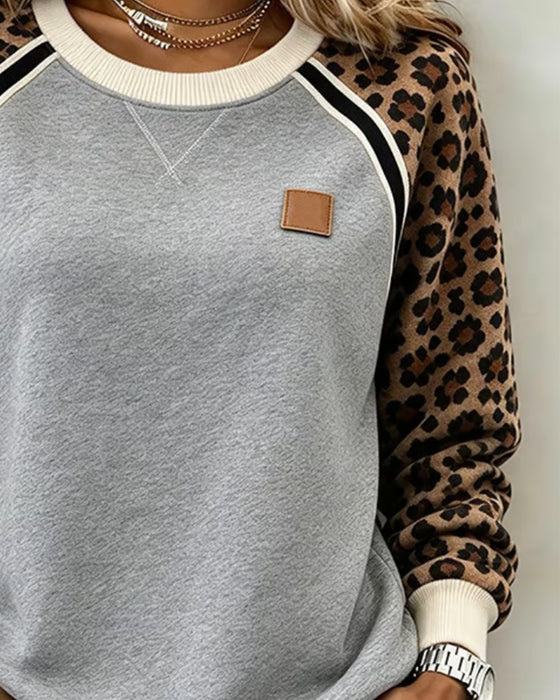Sweatshirt Leopard Farveblok Rundhalset