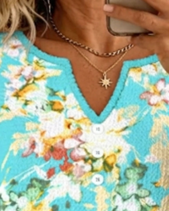 T-Shirt V-Hals Knipling Patchwork Blomstret