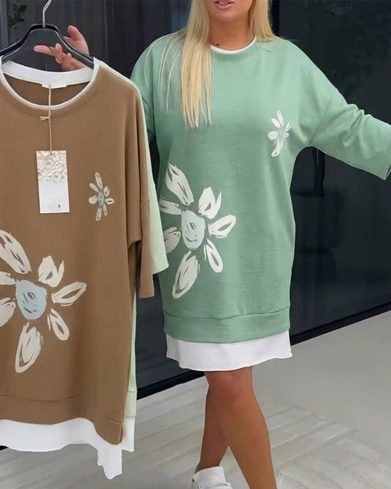 Sweatshirtkjole Rund Hals Trykt Patchwork