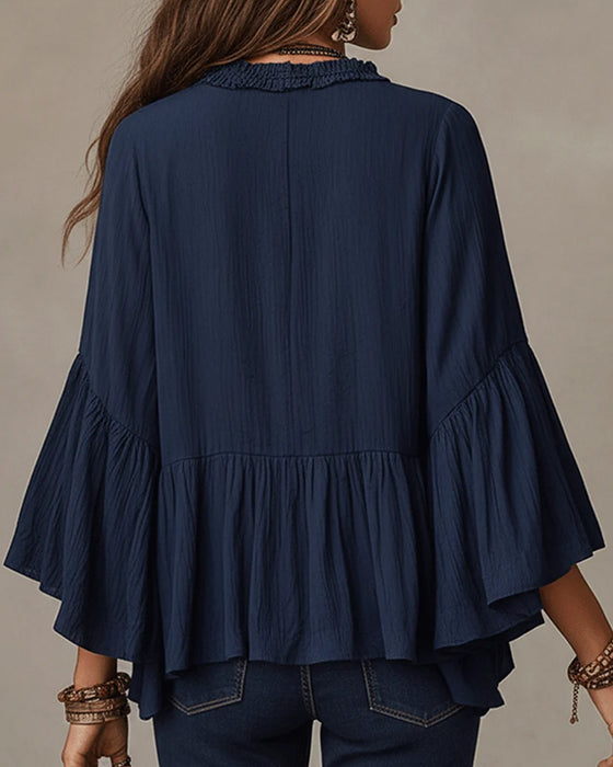 Bluse V-Hals Scallop Ruffle Kant