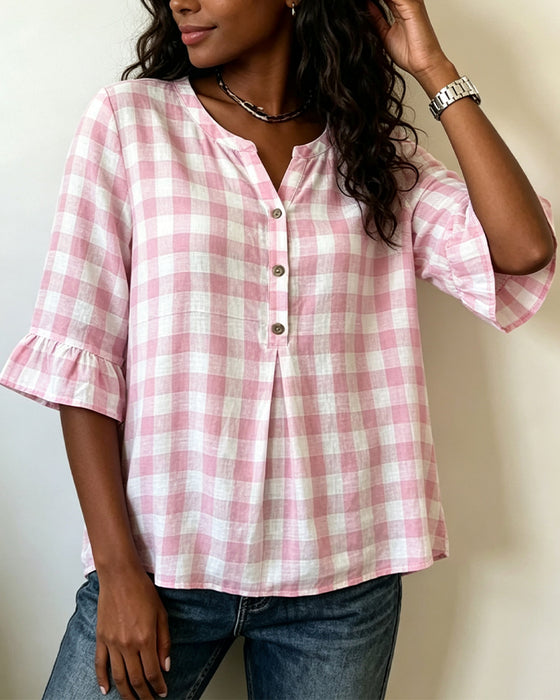 Bluse V-Hals Knap Foran Rutet Ruffle