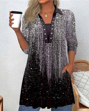 Langærmet Bluse Med Krave Og Tryk