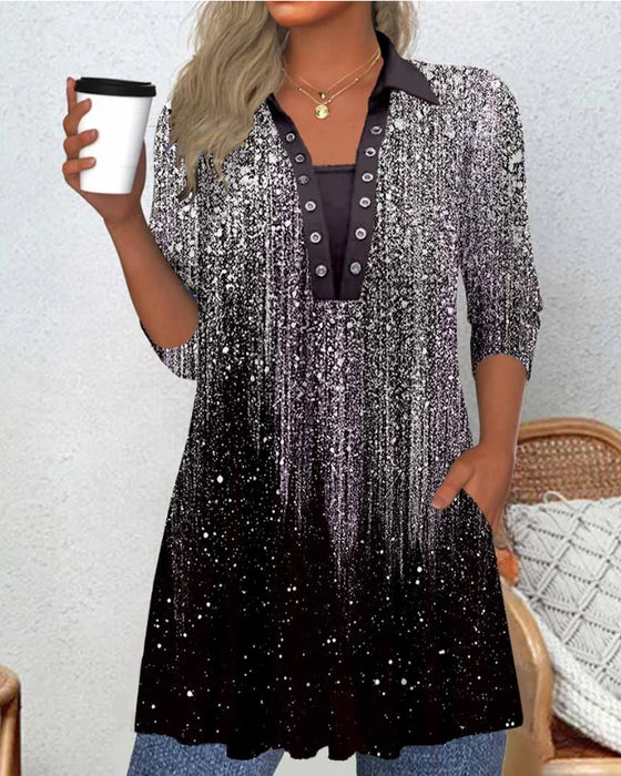 Langærmet Bluse Med Krave Og Tryk