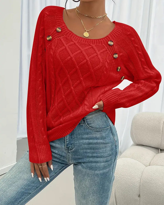 Sweater Ensfarvet Raglanærme Spænde Kablestrik