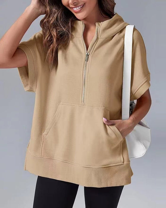 Sweatshirt Korte Ærmer Delvis Lynlås Hætte