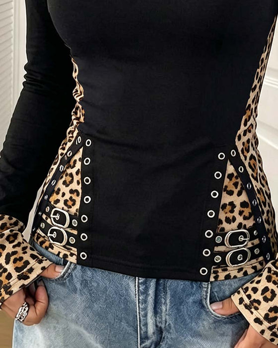 Top Leopard Patchwork U-Hals Figursyet