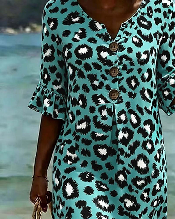 Kjole Leopardprint V-Udskæring Flæse