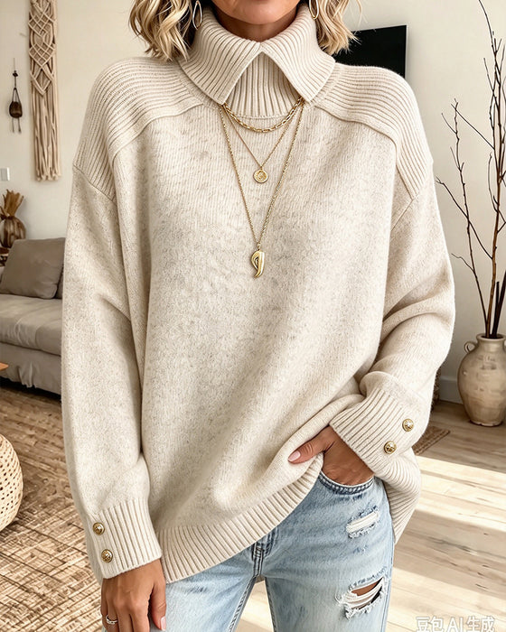 Sweater Høj Krave Knappet Løs