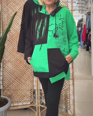 Sweatshirt afslappet hætte farveblok printet