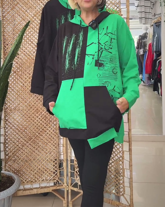 Sweatshirt afslappet hætte farveblok printet