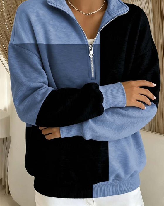Sweatshirt Ternet Farveblok Lynlås Ståkrave
