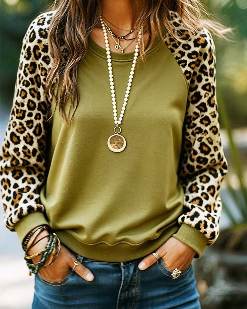 Sweatshirt Leopardprint Raglanærme Rund Hals
