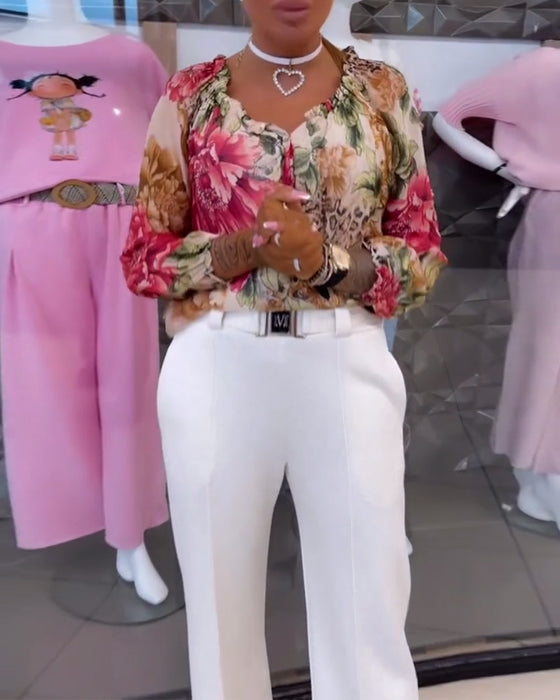 Bluse Med V-Hals Blomsterprint