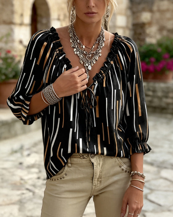 Bluse V-Hals Ruffle Trim Stribe