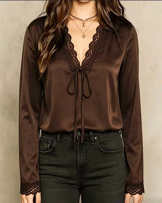 Bluse Lang Ærme V-Hals Blonder Patchwork