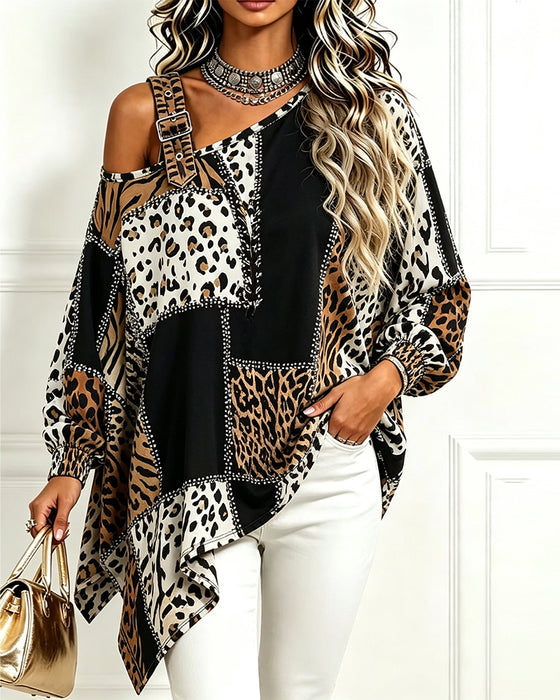 Bluse Leopard Tryk Patchwork Asymmetrisk Hals Lang Ærme