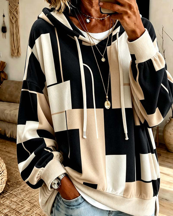 Sweatshirt Geometrisk Tryk Farveblok Snøre