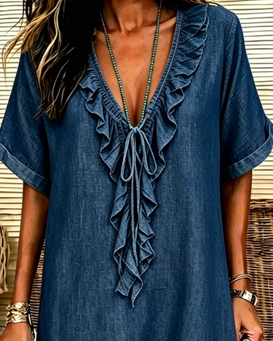 Kjole V-Hals Denim Ruffle