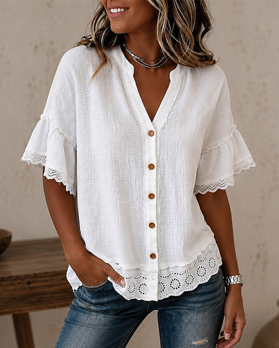 Bluse V-udskæring Knipling Patchwork Knap