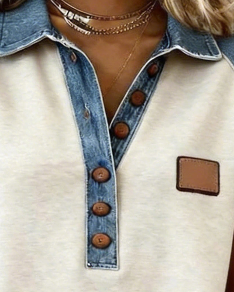 T-Shirt Denim Farve Blok Kort Ærme