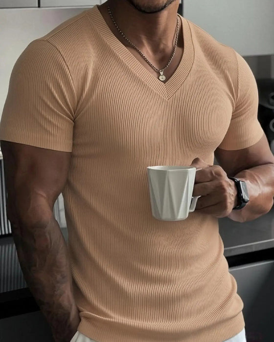 T-Shirt V-Hals Ribbet Solid Farve Herre