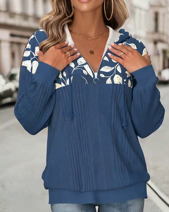 Sweatshirt Med Hætte Halvlynlås Blomstertryk