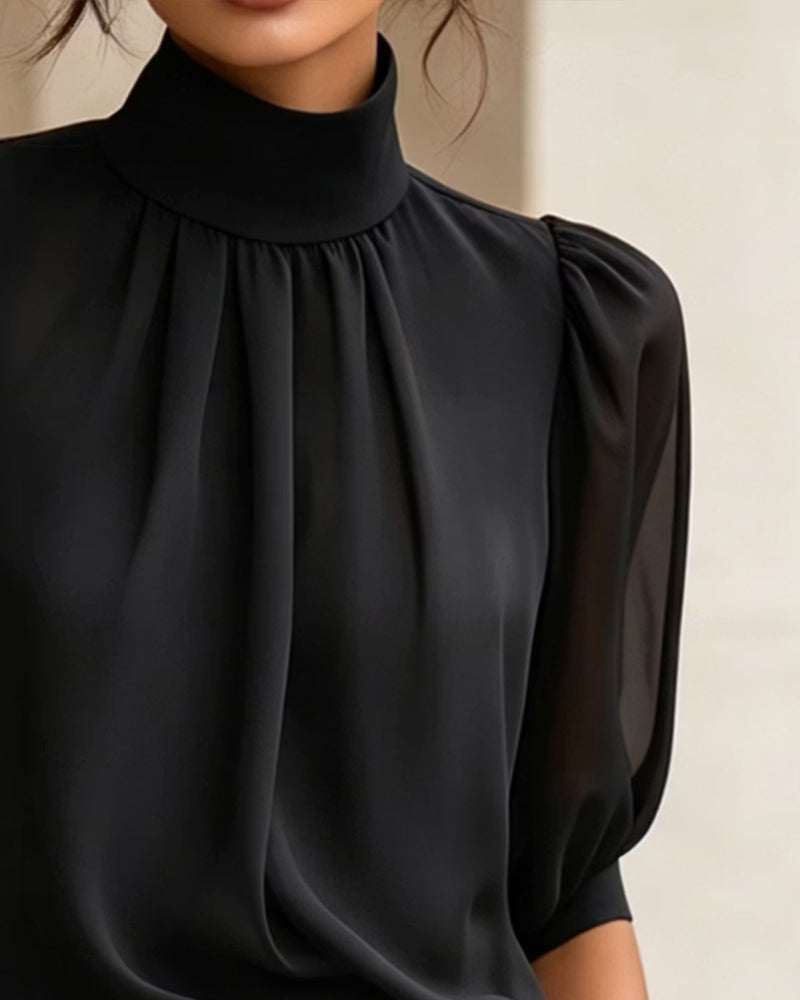 Bluse Høj Hals Pufærme Albuelang Chiffon