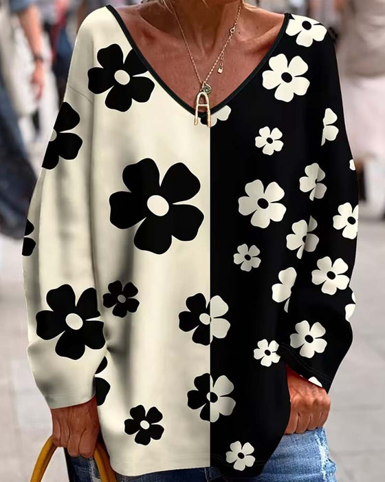 T-Shirt V-Hals Blomstret Farveblok Løs