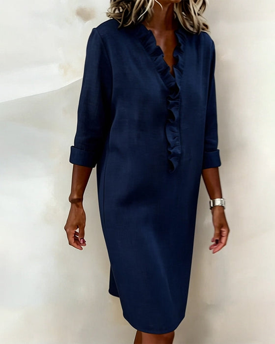 Kjole Rynket V-Hals Ensfarvet