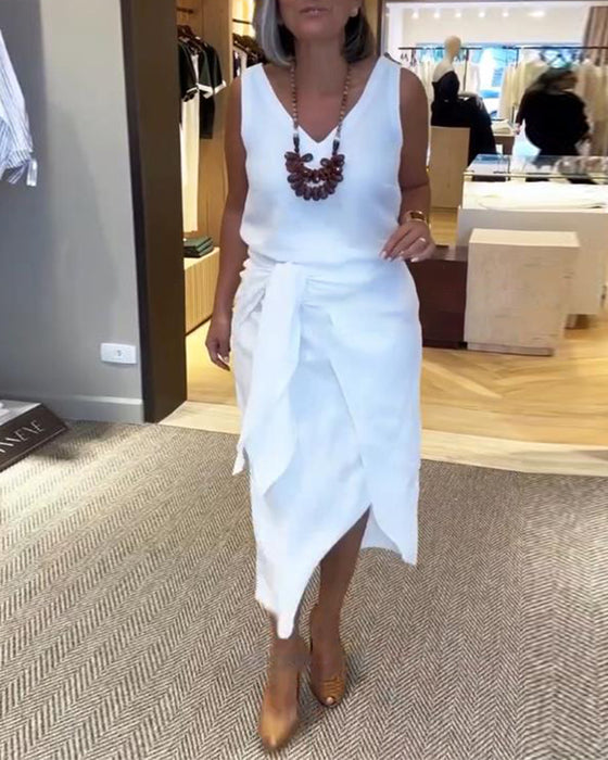 Kjole Ærmeløs V-Hals Ensfarvet