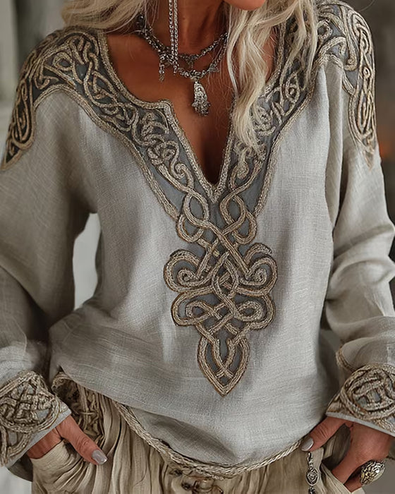 Bluse V-Hals Linje Kontrast Patchwork