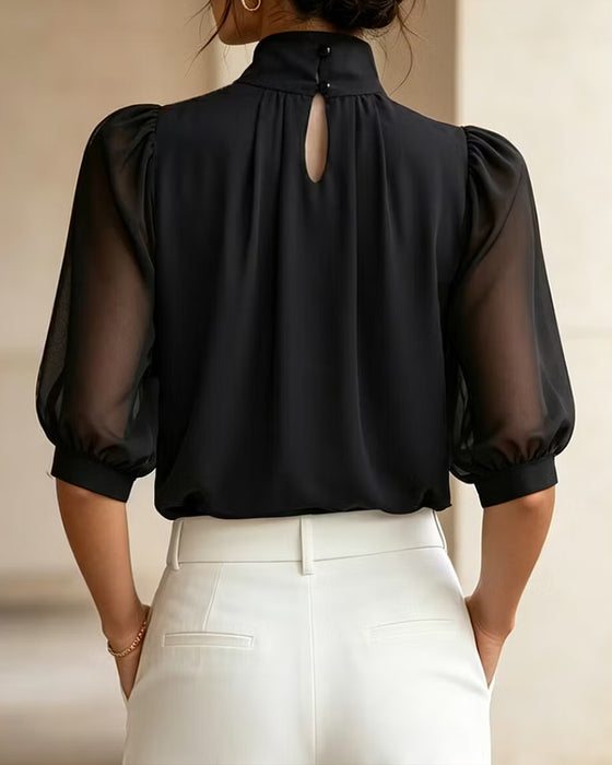 Bluse Høj Hals Pufærme Albuelang Chiffon