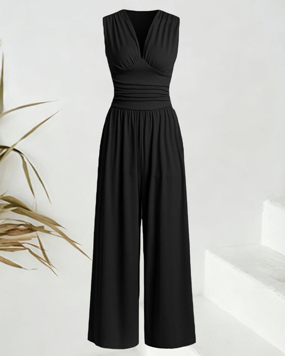 Jumpsuit Ensfarvet Ribbet Ærmeløs