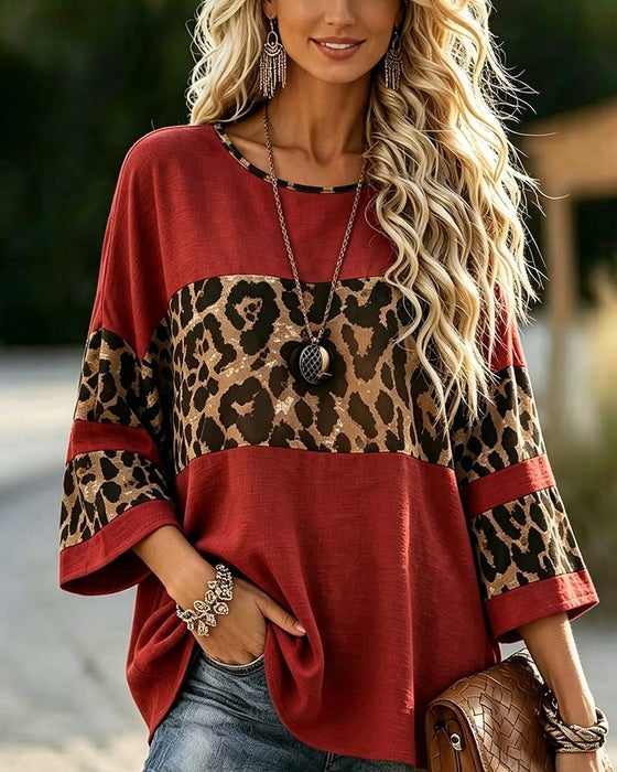 Top Rundhalset Leopard Farveblok