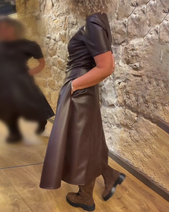 Kjole Pu Læder Taljet Kortærmed