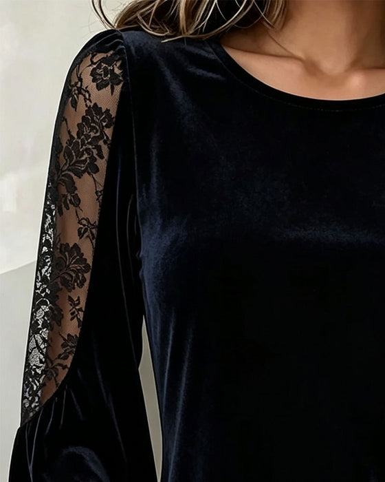 Top Rund Hals Pufærme Blonde Patchwork