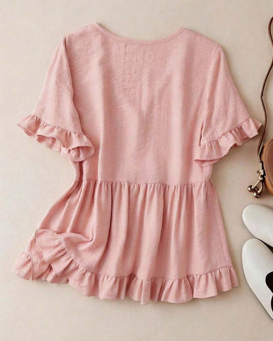 Bluse V-Hals Ruffle Perle Knap