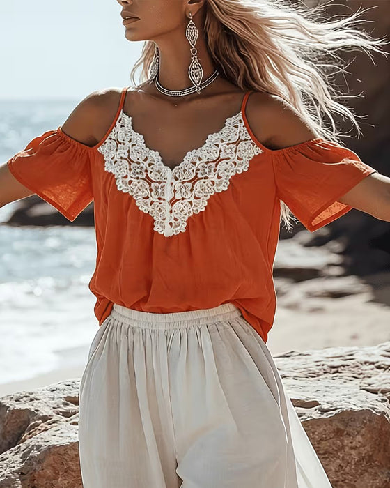 Bluse Blonder Patchwork Off-Shoulder