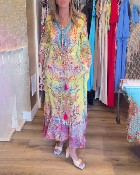 Langærmet resortkjole med print