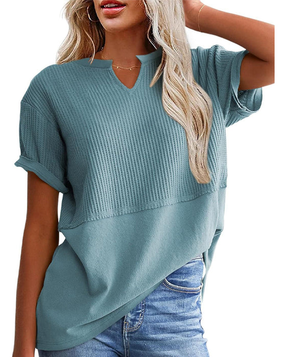 T-Shirt Indsnævret Talje Patchwork V-Udskæring Pullover
