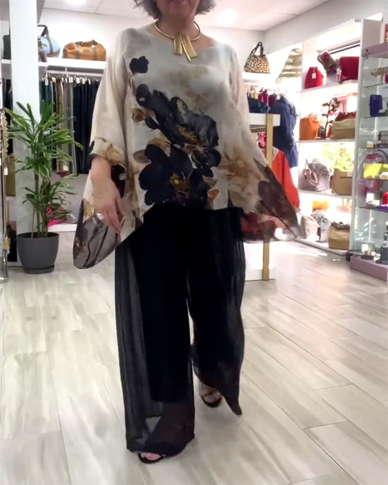 Bluse Langærmet Uregelmæssig Store Blomstermønster
