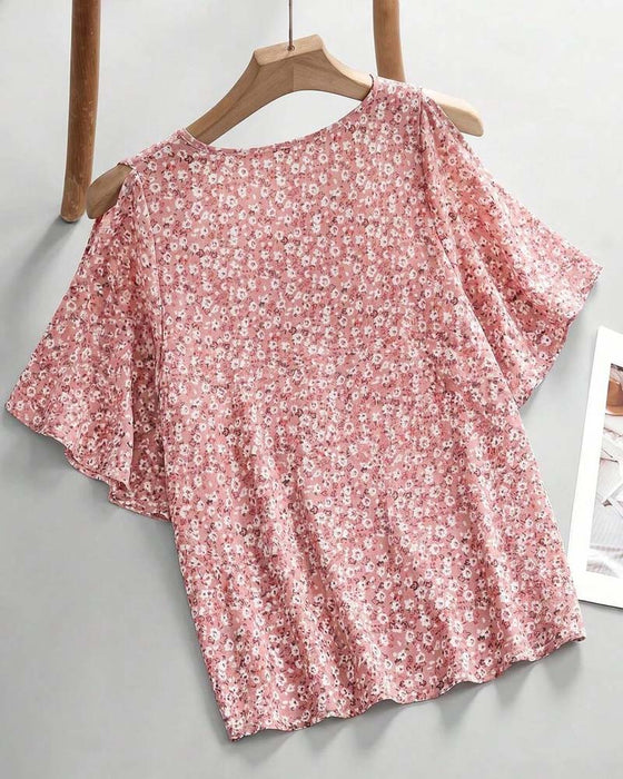 Bluse V-Hals Blomstrende Off-Shoulder Flutter Ærme