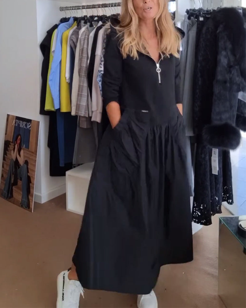 Kjole med afslappet lynlås og hætte, patchworklomme