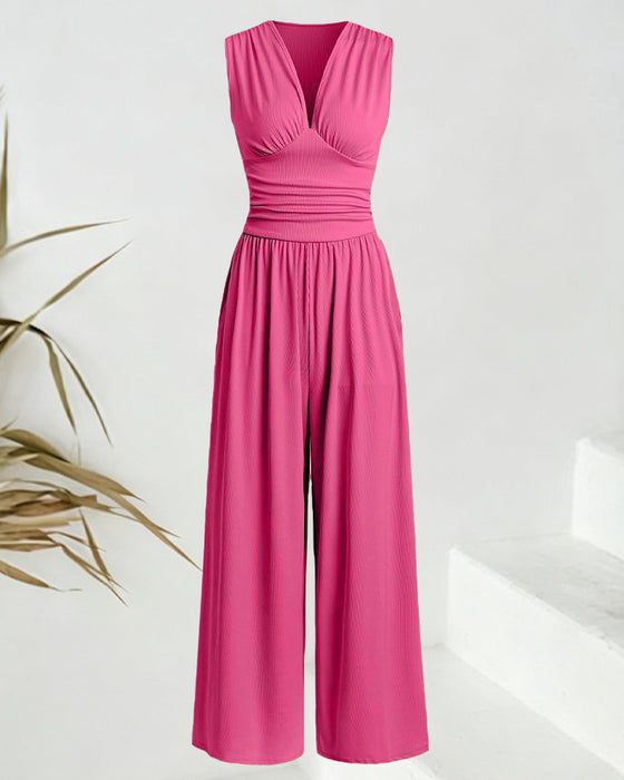 Jumpsuit Ensfarvet Ribbet Ærmeløs