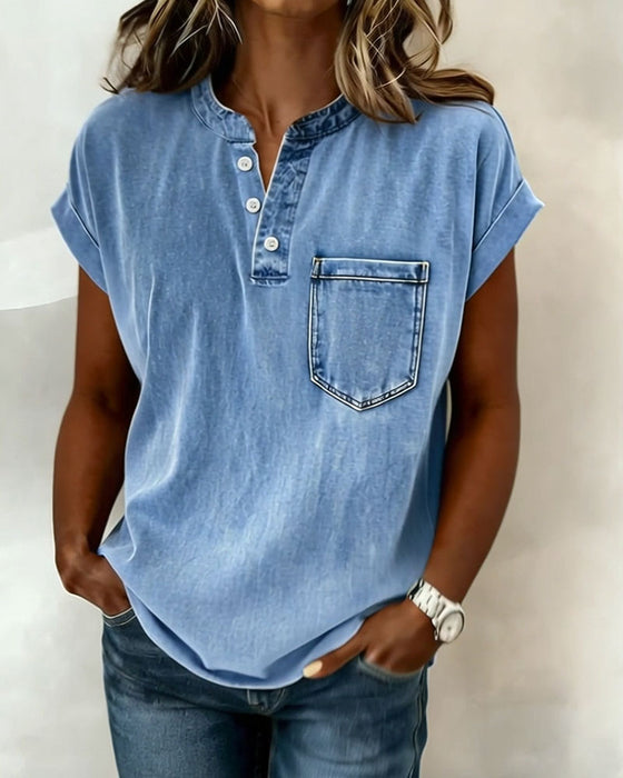 Top Vasket Denim Henley Kort Ærme